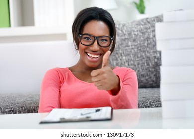 Happy Student African Woman Showing Thumbs Up