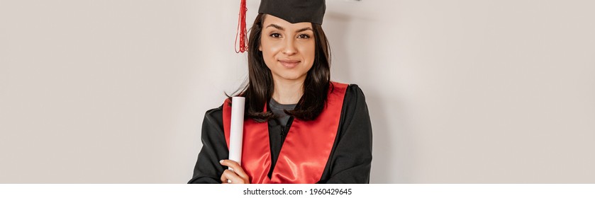 Happy Student In Graduation Cap And Gown Holding Diploma, Senior 2021, Banner