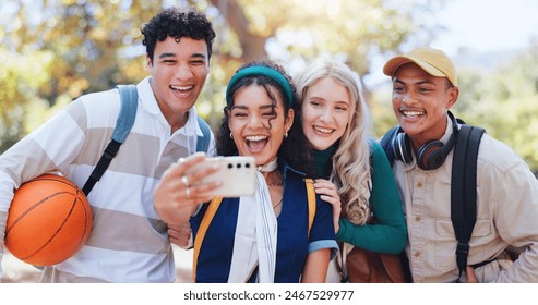 Happy students, diversity and nature with selfie for memory, photography or review at outdoor park. Young group of people or friends with smile for picture or fun moment together at college or campus - Powered by Shutterstock