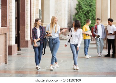 Happy students walking in university hall during break and communicating - Shutterstock ID 1451107109