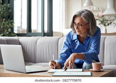 Happy stylish mature old woman remote working from home distance office on laptop taking notes. Smiling 60s middle aged business lady using computer watching webinar sit on couch writing in notebook.