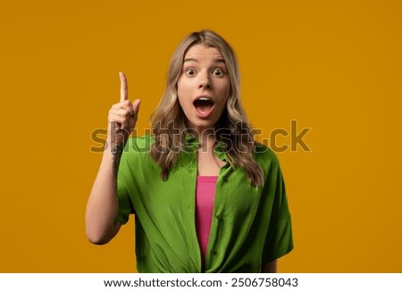 Image, Stock Photo Amazed woman, she expresses WOW. Impressed lady on yellow background. Great news