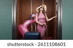 Happy stylish woman leaving for vacations, she is standing in the elevator with luggage and a huge inflatable toy, she is pushing a button on the control panel