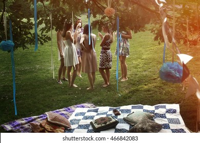 Happy Stylish Woman Toasting Champagne At Joyful Party In Summer Park, Bridal Shower Or Wedding Reception