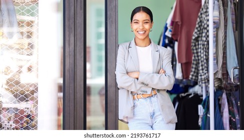 Happy, Success And Motivation Mindset Of A Business Woman Retail Shop Owner And Entrepreneur. Clothes, Shopping And Fashion Store Manager And Boss Portrait Proud Of Her Work And Leadership Vision