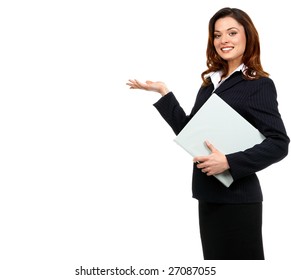 Happy Successful Business Woman. Isolated Over White Background