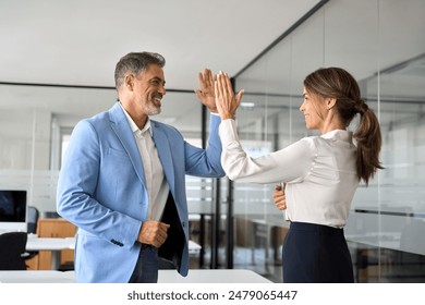 Happy successful executive business team two partners leaders executives giving high five celebrating professional corporate success, leadership or financial work profit growth standing in office. - Powered by Shutterstock