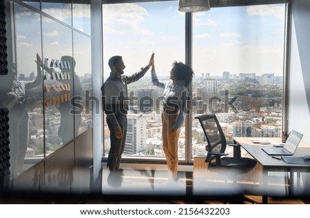 Happy successful indian businessman and African American businesswoman giving high five celebrating business triumph standing in office near urban view panoramic window. Shot through jalousie glass.