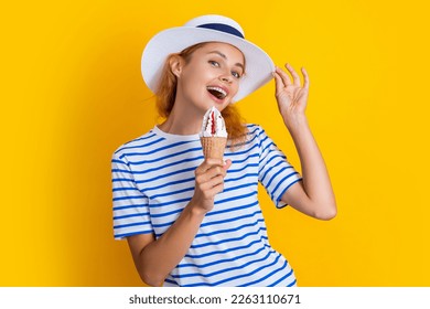 happy summer girl with cone icecream on background. photo of summer girl