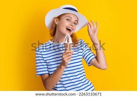 happy summer girl with cone icecream on background. photo of summer girl