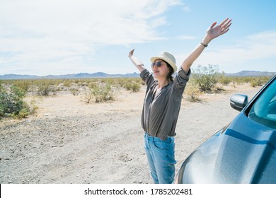 happy summer holiday female sightseer spreading arms is admiring view of expansive of desert. joyful asian girl getting off car to enjoy sunshine and beautiful scenery of vast dry land and open sky. - Powered by Shutterstock