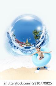 Happy summer holidays with kids playing in water with tubes and goggles in swimming pool water park with sea and beach

