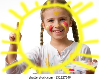 Happy Summer, Lovely Child - Cute Girl Painting Sun (creative Kid Concept)