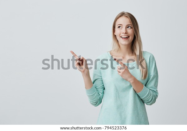 Happy Surprised Blonde Young Female Smiling Stock Photo 794523376 ...