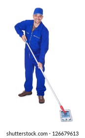 Happy Sweeper Cleaning Floor On White Background