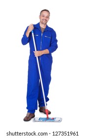 Happy Sweeper Cleaning Floor On White Background