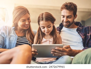 Happy, tablet and family hug on sofa with child, elearning and education for development. Home, girl and browsing on touchscreen for digital e book, learning online and website for school activity - Powered by Shutterstock