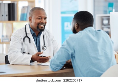 Happy, talking and doctor with a black man for healthcare, support and advice on treatment. Smile, consulting and an African gp with a patient speaking about medicine, health and professional help - Powered by Shutterstock