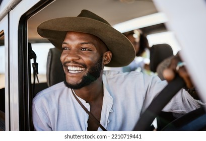 Happy, Taxi And Driver With Black Man Driving And Enjoying Career, Safari Tour Guide In Vehicle. Adventure, Travel And Smile African American Looking Excited While Touring With Passenger, Carefree