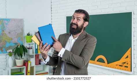 Happy Teacher With Workbook And Books Ready For Lesson, School