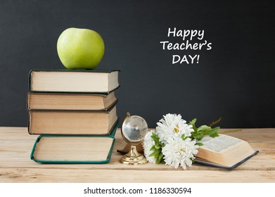 Happy Teacher's Day, Book Pile With Apple And Globe, Still Life