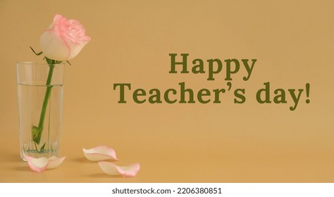 HAPPY Teachers DAY Text Greeting Card Delicate Pink Roses On Beige Background. Minimal Trendy Composition. Romantic Pastel Pink Rose Flowers. Banner Modern Aesthetic. Neutral Earth Tones