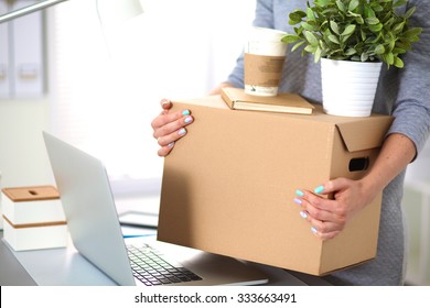 Happy Team Of Businesspeople Moving Office, Packing Boxes, Smiling