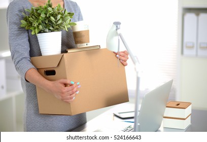 Happy Team Of Businesspeople Moving Office, Packing Boxes, Smiling