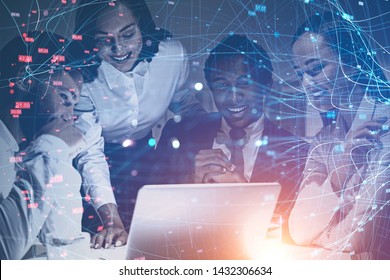 Happy Team Of Diverse Business People Working With Laptop In Office With Double Exposure Of Network Interface. Concept Of Hi Tech. Toned Image