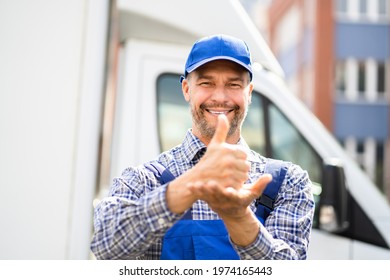 Happy Technician Worker Using Sign Language For Disabled