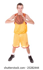 Happy Teen With Basketball. Over White Background