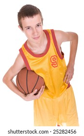 Happy Teen With Basketball. Over White Background