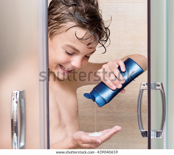 Happy Teen Boy Washing Head Shower Stock Photo