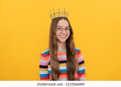 Happy Teen Girl In Crown. Self Confident Queen. Expressing Smug. Arrogant Princess In Tiara.