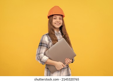 Happy Teen Girl In Helmet And Checkered Shirt Holding Laptop, Online Courses