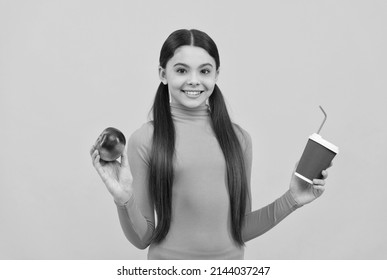 Happy Teen Girl With Takeaway Coffee Cup And Apple On Yellow Background, Lunch