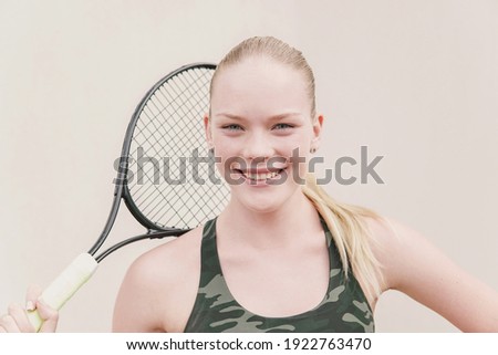 Happy teen girl tennis player, Olympic sports,  healthy young athletes training, active wellbeing concept
