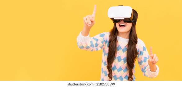 happy teen girl wear vr glasses using future technology for education in virtual reality, 3d gadget. Banner of child girl with virtual reality vr headset, studio portrait with copy space.