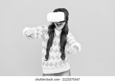 Happy Teen Girl Wear Wireless VR Glasses. Using VR Headset. Kid Play Video Game. Digital Future