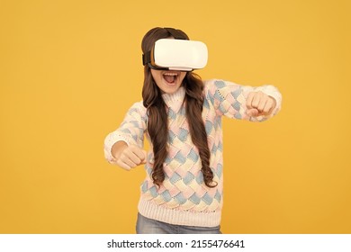 Happy Teen Girl Wear Wireless VR Glasses. Using VR Headset. Kid Play Video Game. Digital Future