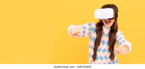happy teen girl wear wireless VR glasses. using VR headset. kid play video game. Digital future. Banner of child girl with virtual reality vr headset, studio portrait with copy space.