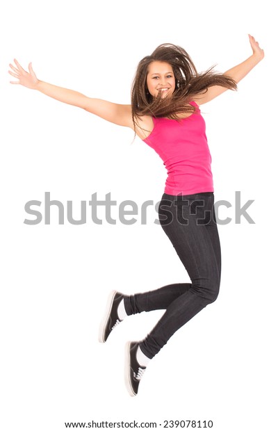 Happy Teenage Girl Jump Pose Isolated Stock Photo (Edit Now) 239078110