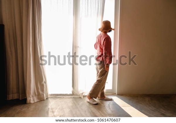 Happy Teenage Girl Opening Window Curtains Stock Photo Edit