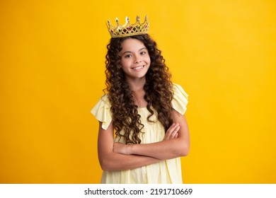 Happy Teenager. Girls Birthday Party, Funny Kid In Crown. Imagine Herself A Queen, Child Wear Diadem. Successful Teenager Wear Luxury Beauty Queen Crown, Success.