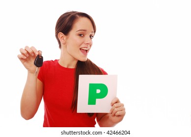 Happy Teenager Holding Car Key And P Plate