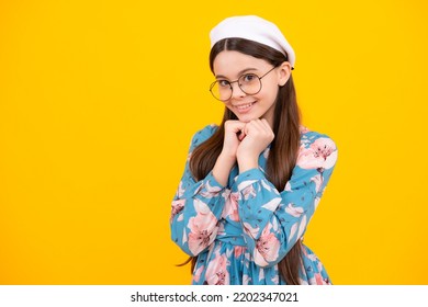 Happy Teenager, Positive And Smiling Emotions. Little Kid Girl 12,13, 14 Years Old On Isolated Background. Children Studio Portrait. Emotional Kids Face.