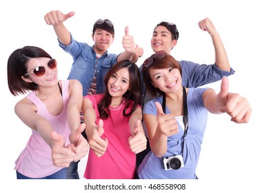 Happy Teenagers Taking Pictures By Themselves Isolated On White Background, Asian