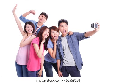 Happy Teenagers Taking Pictures By Themselves Isolated On White Background, Asian