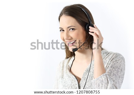 Happy tele marketer looking at camera isolated on white background