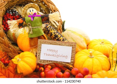 Happy Thanksgiving Card And Scarecrow Among A Cornucopia Of Autumn Vegetables